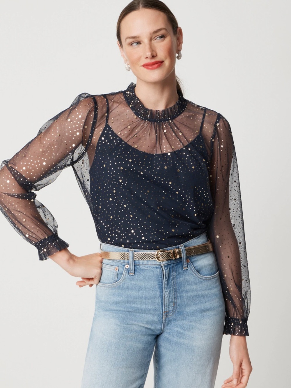 J. Crew tulle glitter ruffle neck blouse‎ sheer